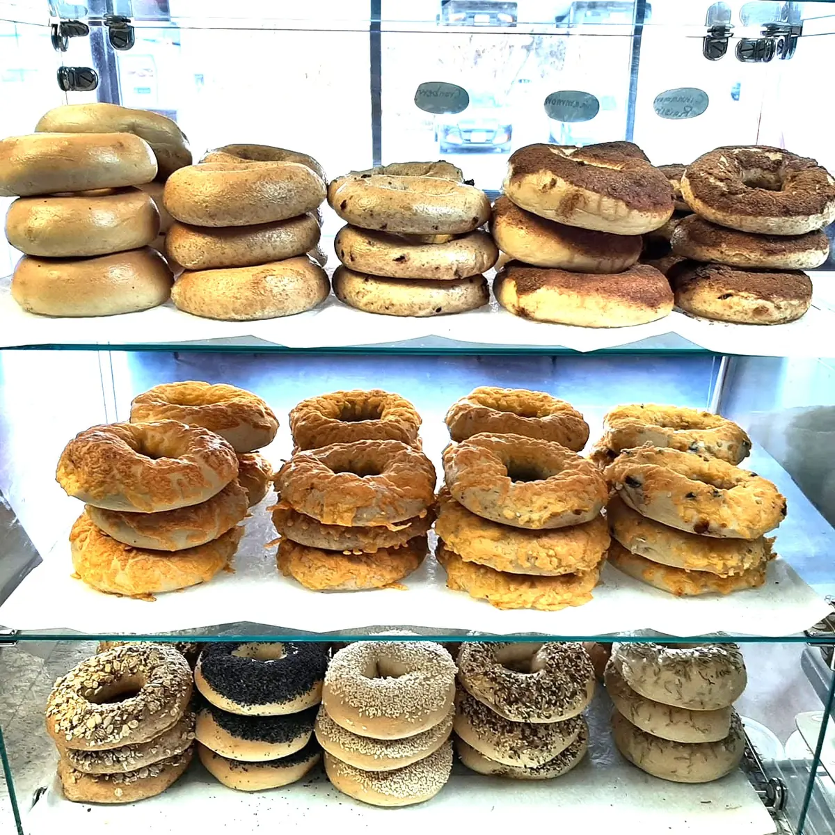 Shelves of fresh bagels in the display case