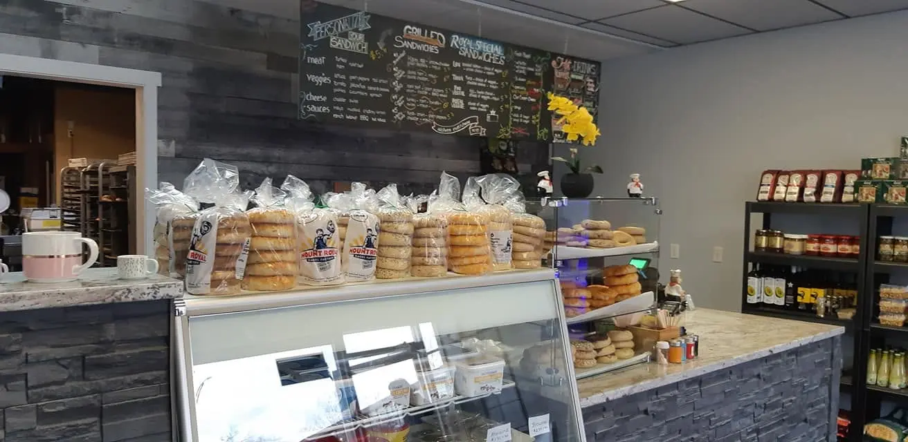 The bakery counter with fresh bagels